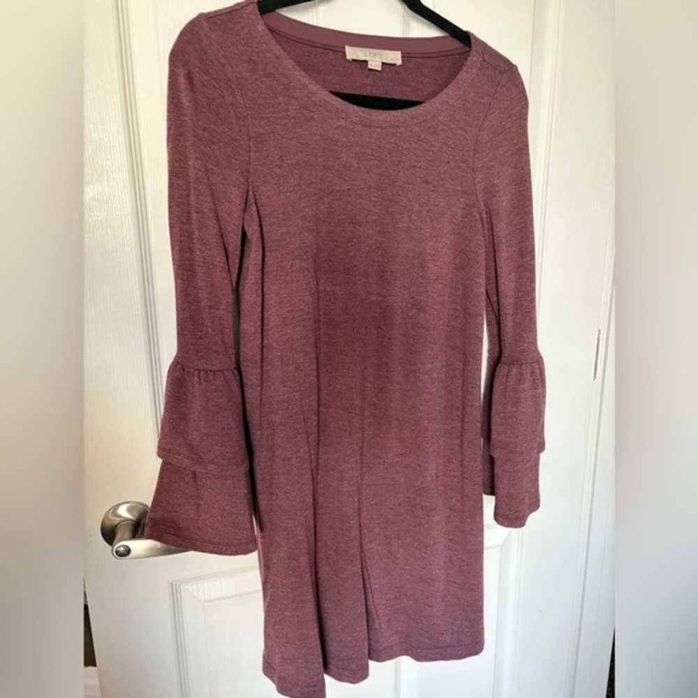LOFT Long Sleeve Mauve Dress with Bell Sleeves